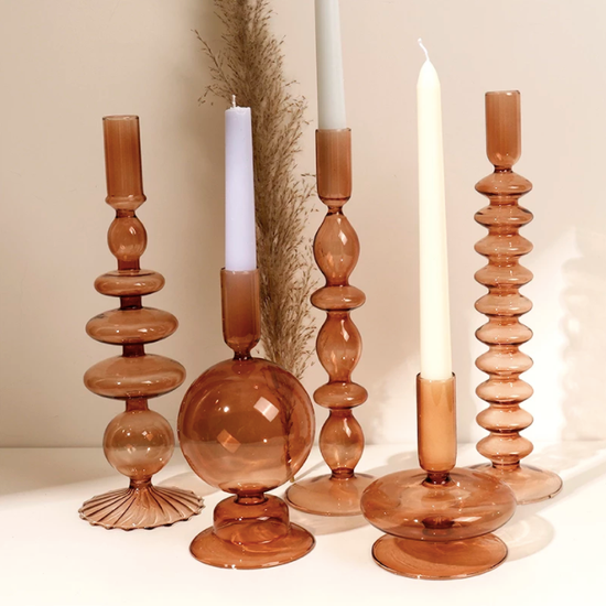 GLASS CANDLESTICK HOLDER - BROWN