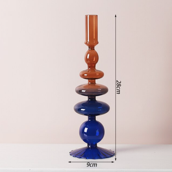 TWO-TONE GLASS CANDLESTICK HOLDER - BLUE/BROWN