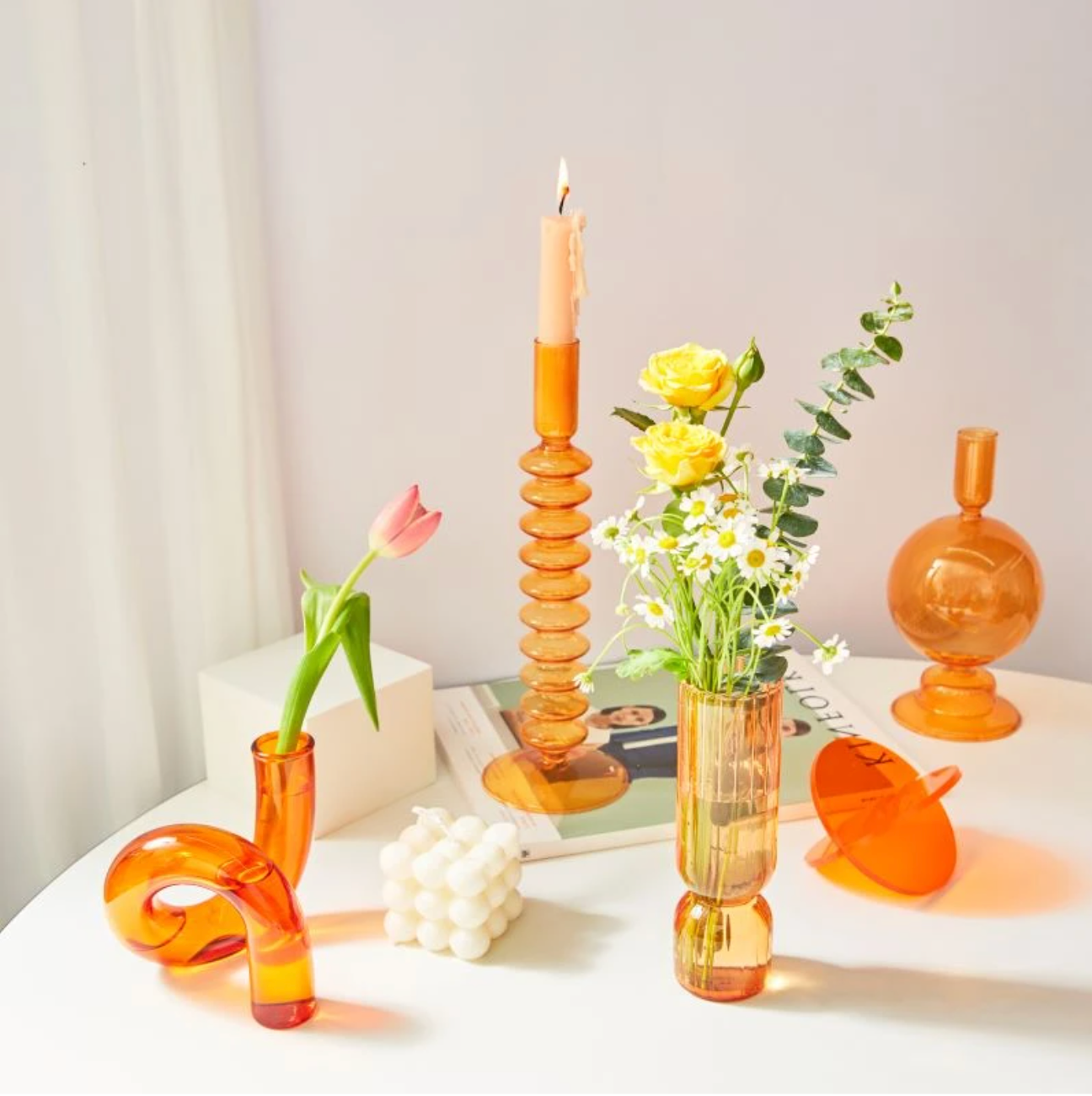 GLASS CANDLESTICK HOLDER - ORANGE