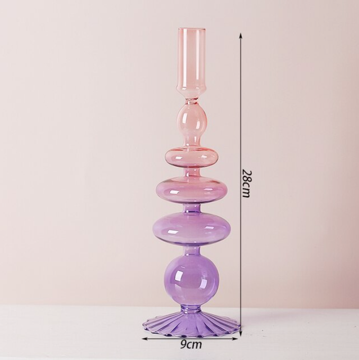 TWO-TONE GLASS CANDLESTICK HOLDER - PURPLE/PINK