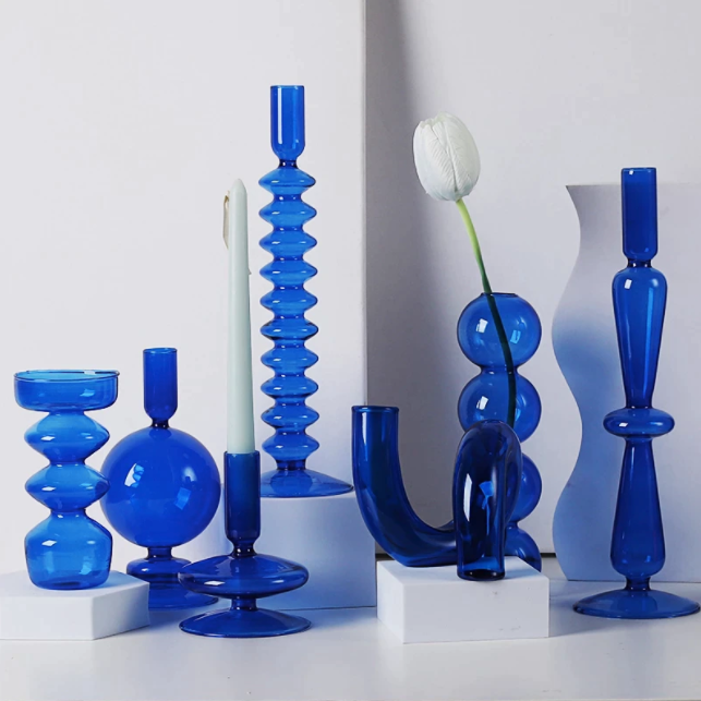 GLASS CANDLESTICK HOLDER - BLUE