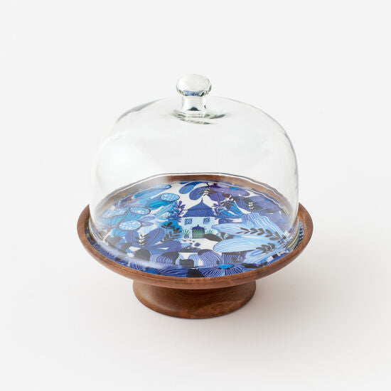 BLUE AND WHITE MANGO WOOD CAKE STAND WITH GLASS DOME