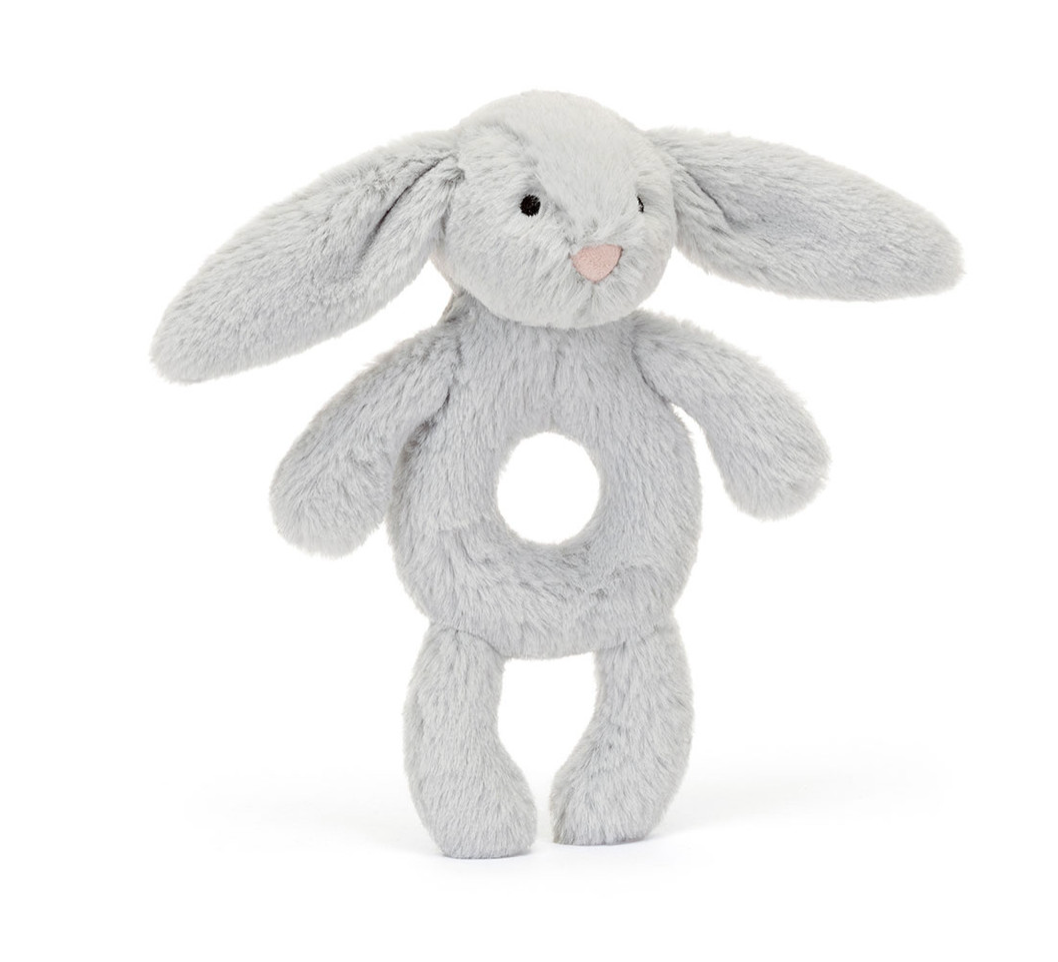 JELLYCAT BASHFUL GREY BUNNY RING RATTLE 