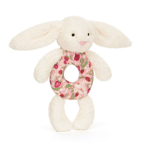 JELLYCAT BLOSSOM CREAM BUNNY "BERRY" RING RATTLE 