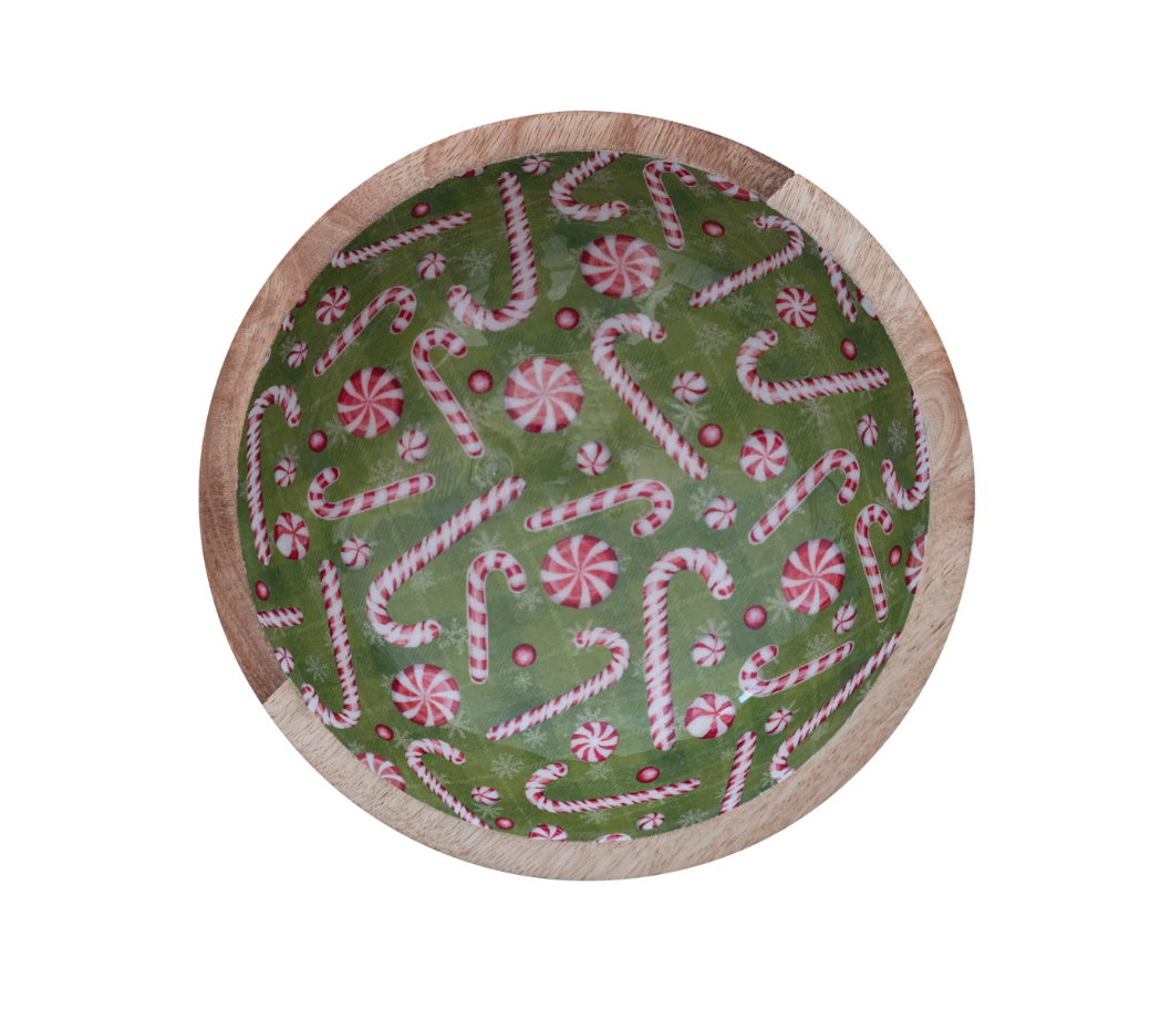 MANGO WOOD FOOTED BOWL W/HOLIDAY CANDY