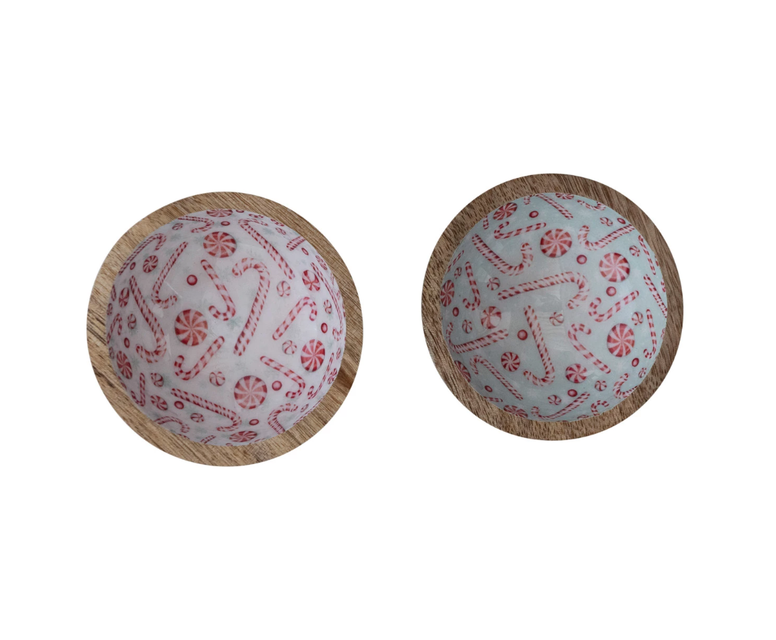 MANGO WOOD FOOTED BOWL W/PEPPERMINT/CANDY CANE