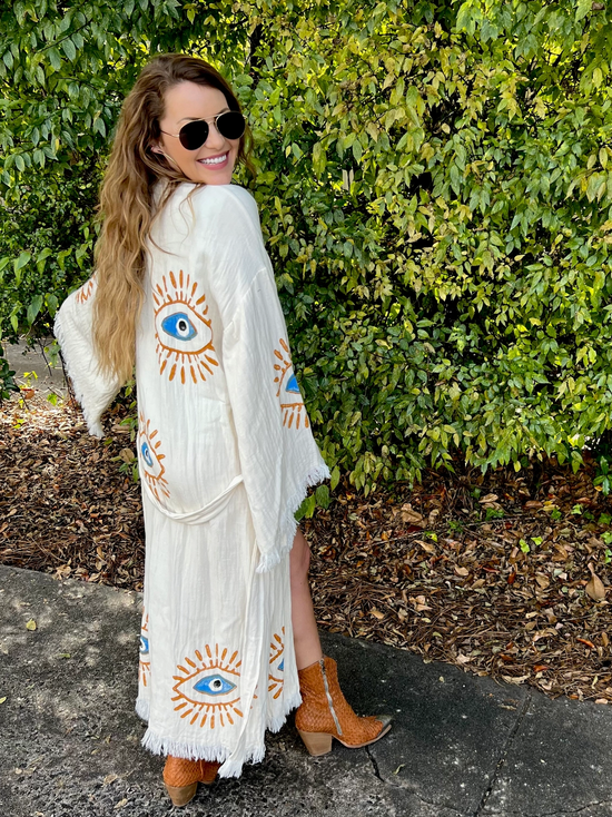 TURQUOISE AND GOLD EVIL EYE KAFTAN