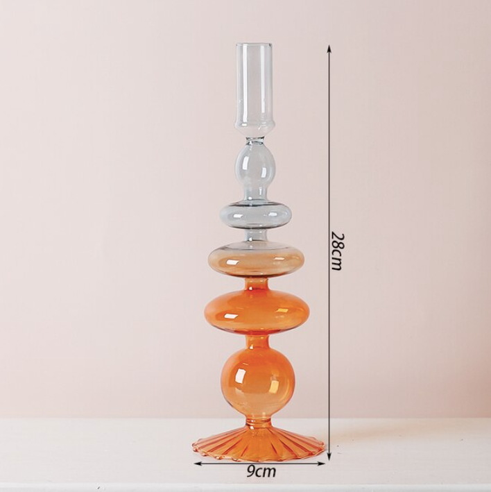 TWO-TONE GLASS CANDLESTICK HOLDER - ORANGE/GREY