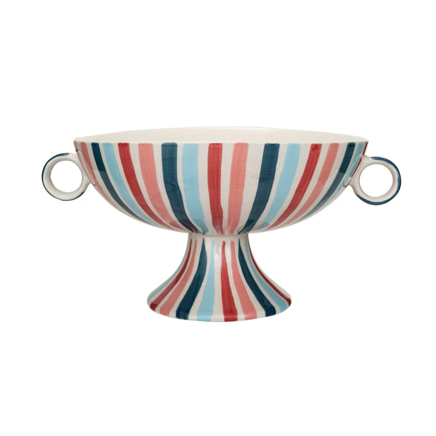 STONEWARE FOOTED BOWL W/HANDLES & STRIPES