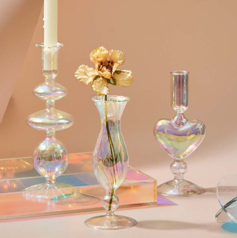 GLASS CANDLESTICK HOLDER - RAINBOW PEARL