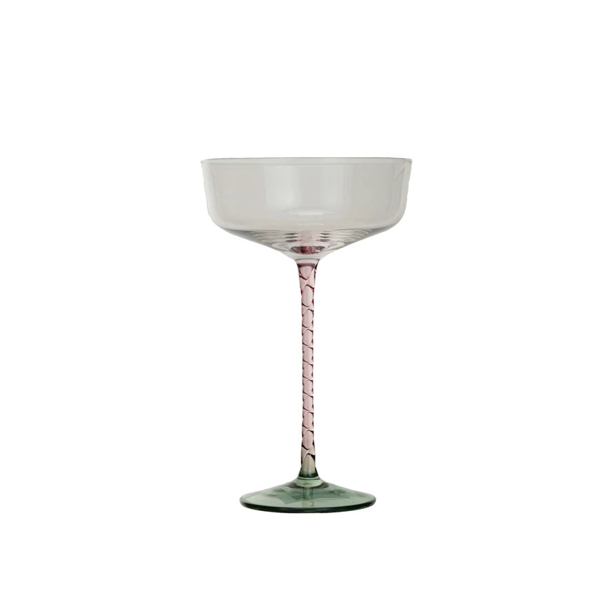 CHAMPAGNE COUPE WITH PINK STEM/GREEN BASE