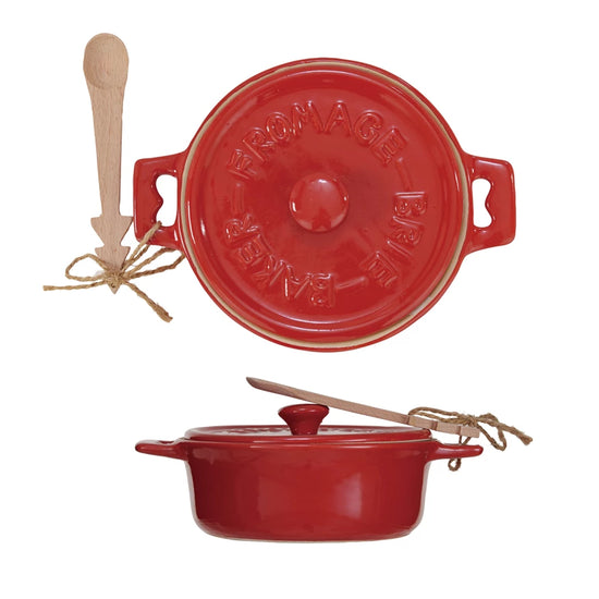 STONEWARE BRIE BAKER W/WOOD TREE SHAPED SPOON