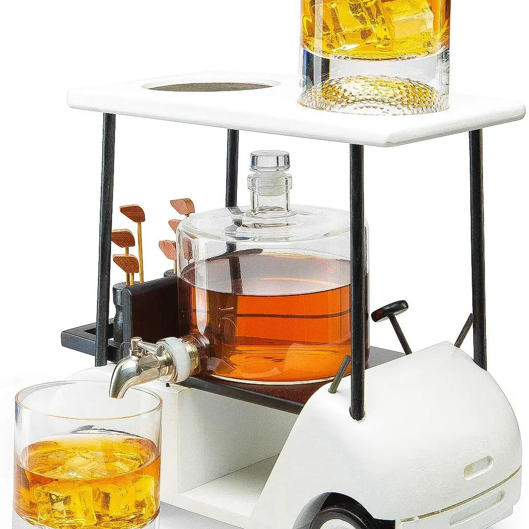 GOLF CART DECANTER & WHISKEY GLASSES