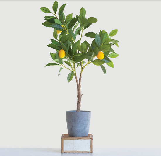 Load image into Gallery viewer, FAUX LEMON TREE IN CEMENT POT
