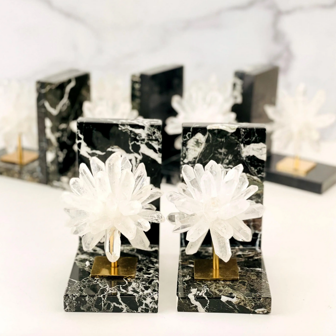 MARBLE & CRYSTAL QUARTZ BURST BOOKENDS