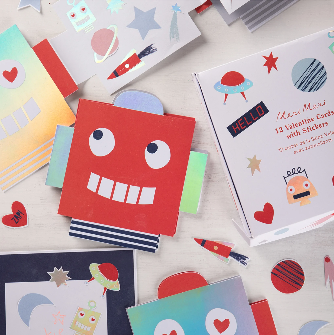 ROBOT VALENTINES DAY CARDS & STICKERS